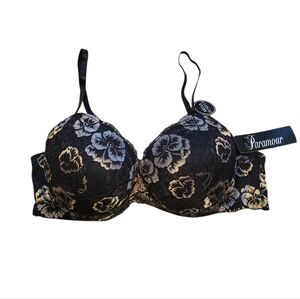 PARAMOUR Black Floral Lace Mega Push Up Bra Size 38C